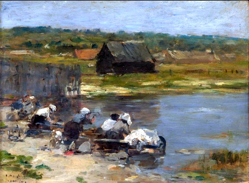 Lavandi&egrave;res au bord d'un &eacute;tang par Eug&egrave;ne Boudin