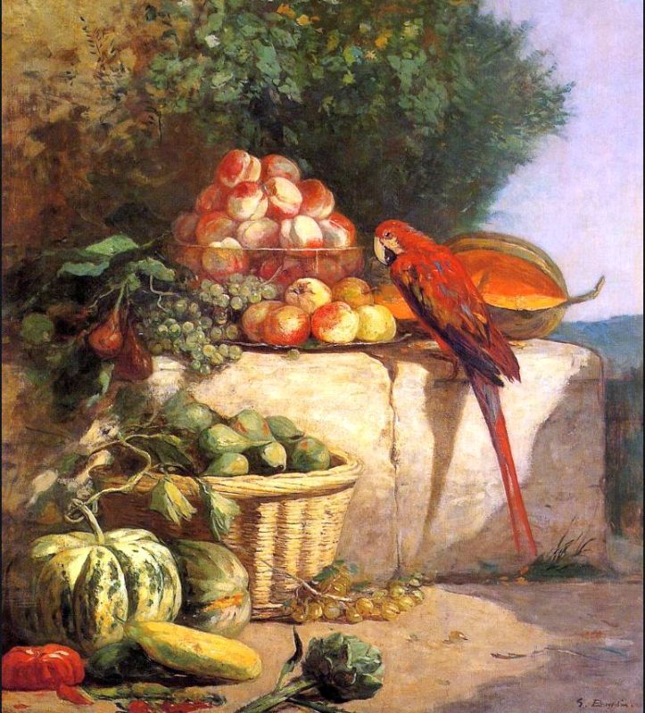 Fruits et l&eacute;gumes avec perroquet   par Eug&egrave;ne Boudin