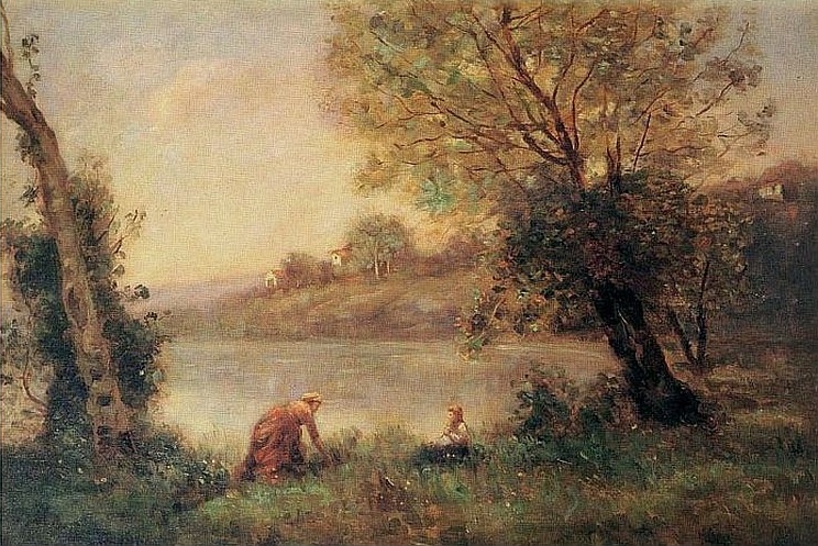 Ville d'Avray, paysanne et son enfant entre  2 arbres, au bord d'un &eacute;tang  par Camille Corot