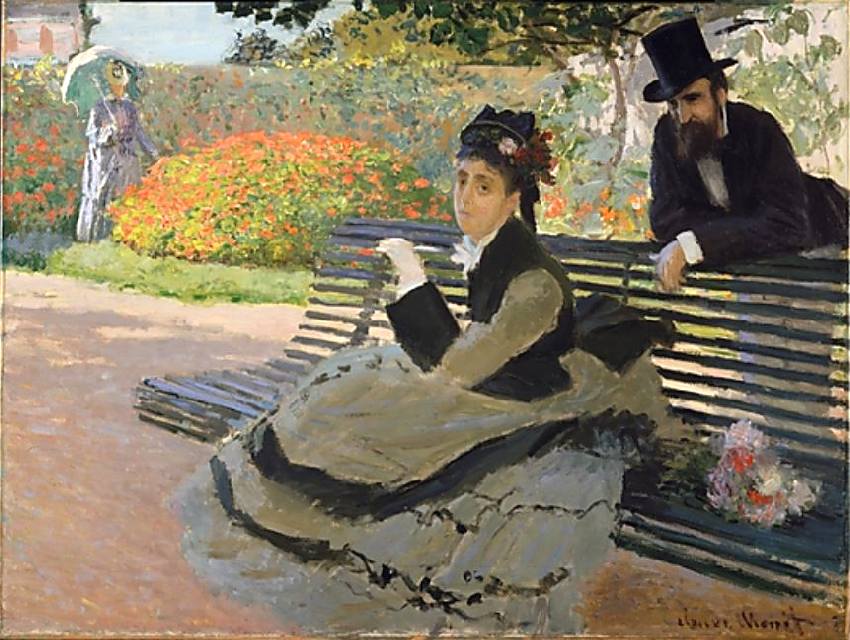 Camille Monet sur un  banc de jardin par Claude Monet