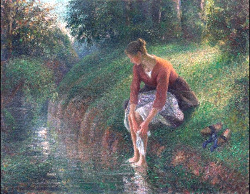Femme baignant sespieds dans un  ruisseau par Camille Pissaro