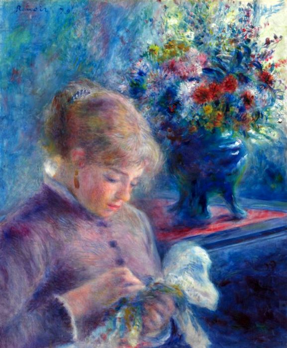 Jeune femme cousant par Pierre Auguste Renoir