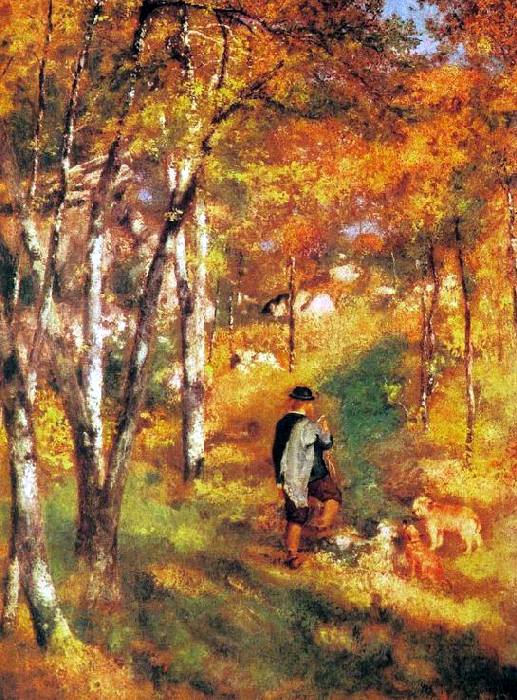 Jules Le Coeur et ses chiens, en for&ecirc;t de Fontainebleau  par Pierre Auguste Renoir