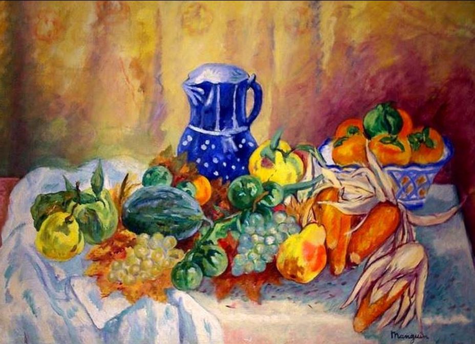 Nature morte, melon, poires, ma&iuml;s et pot bleu par Henri Manguin